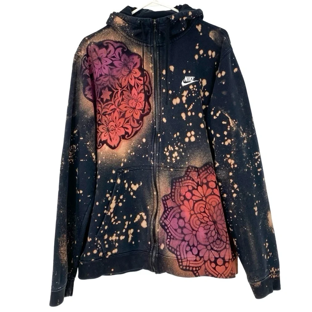Nike Hoodie Sweatshirt Zip Up Jacket Men Size Large Unisex Mandala Stencil Black
